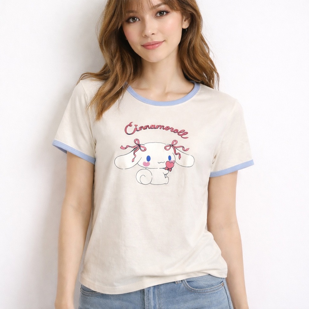 Sanrio Women’s Cinnamoroll Graphic Ringer Tee in Cream with Light Blue Trim M